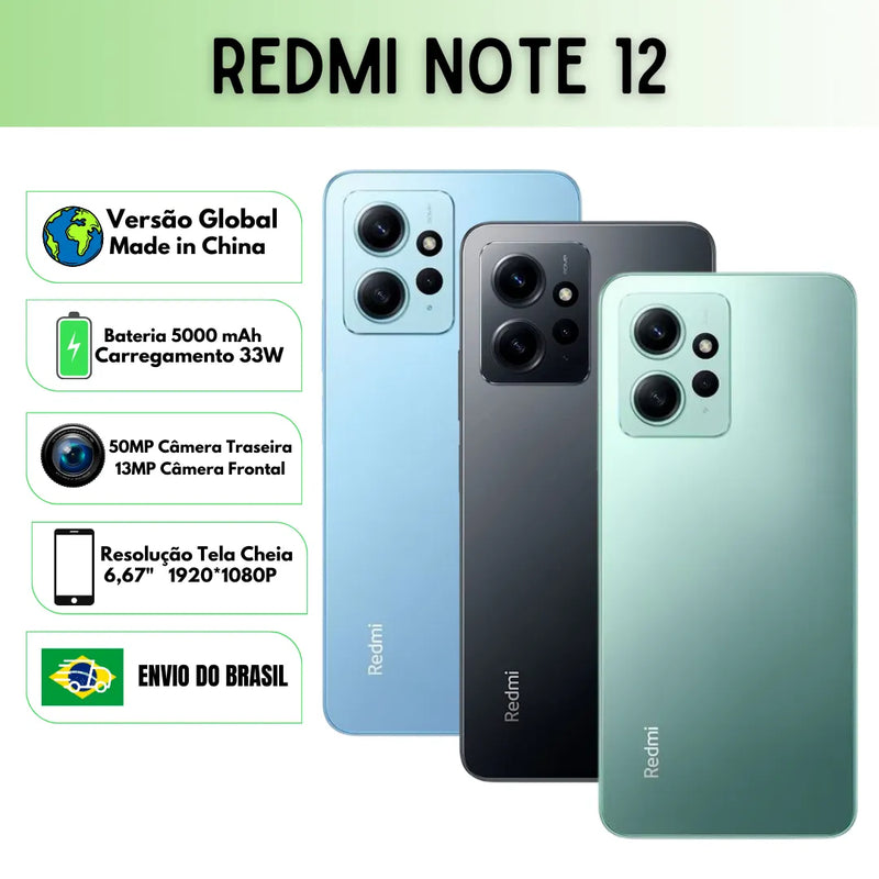 Xiaomi Redmi Note 12 Versão Global | Smartphone 4G, ROM Global, Câmera 48MP, Carregador 33W