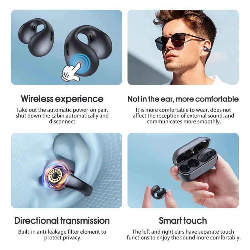 Fone de ouvido sem fio Clip-On-Ear por Indução Óssea -  Bluetooth com Cancelamento de Ruído TWS Earbuds Esportivo