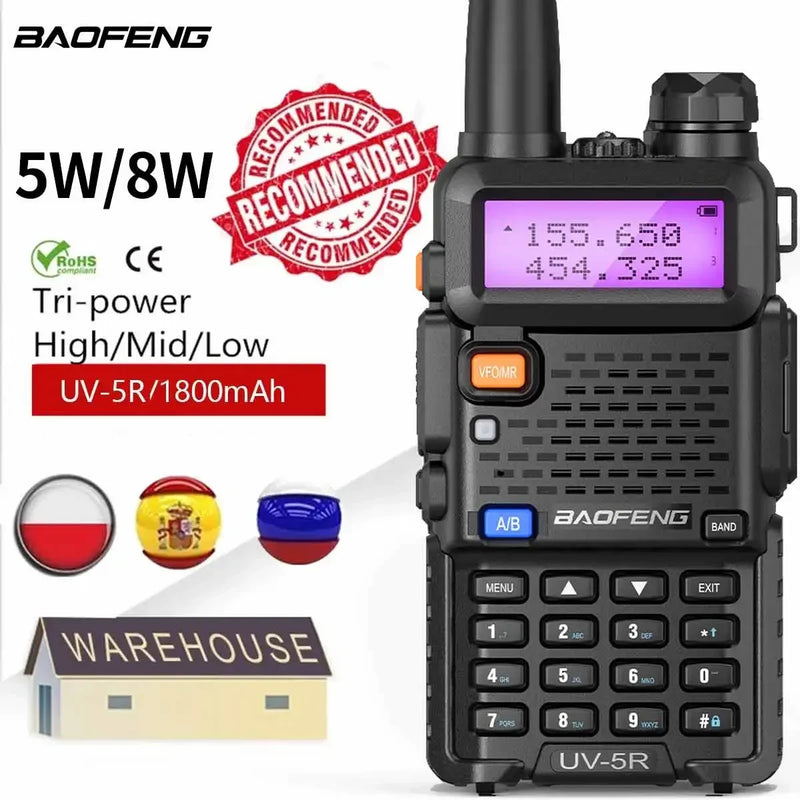 Rádio Baofeng UV-5R 8W True High Power 8/5W Poderoso Walkie Talkie de longo alcance 16km Dual Band Two Way Radio CB portátil UV5R Hunting