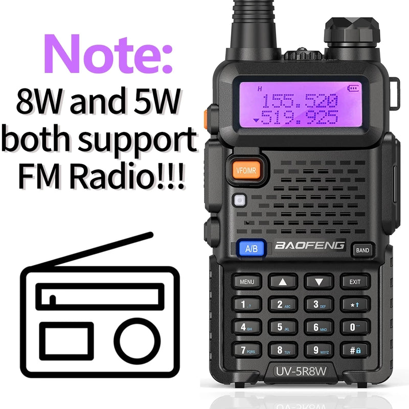 Rádio Baofeng UV-5R 8W True High Power 8/5W Poderoso Walkie Talkie de longo alcance 16km Dual Band Two Way Radio CB portátil UV5R Hunting