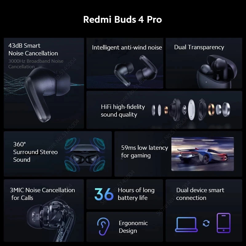 Xiaomi Redmi Buds 4 Pro Original Bluetooth 5.3 Fone de ouvido TWS com cancelamento de ruído