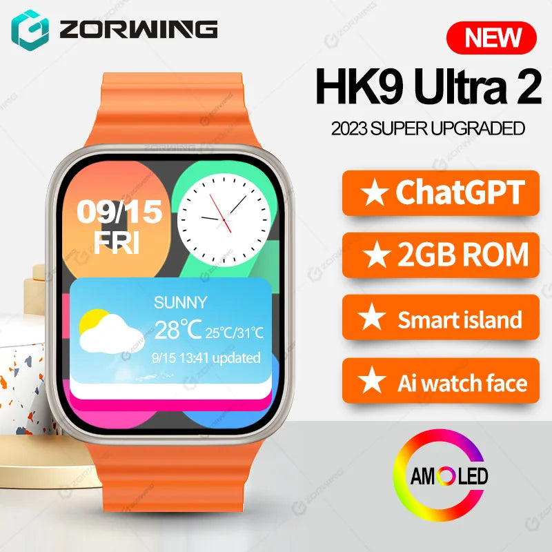 Smart Watch HK9 Ultra 2 AMOLED atualizado com NFC + 2GB ROM + Ai ChatGPT - Watch Face para Android IOS 2024